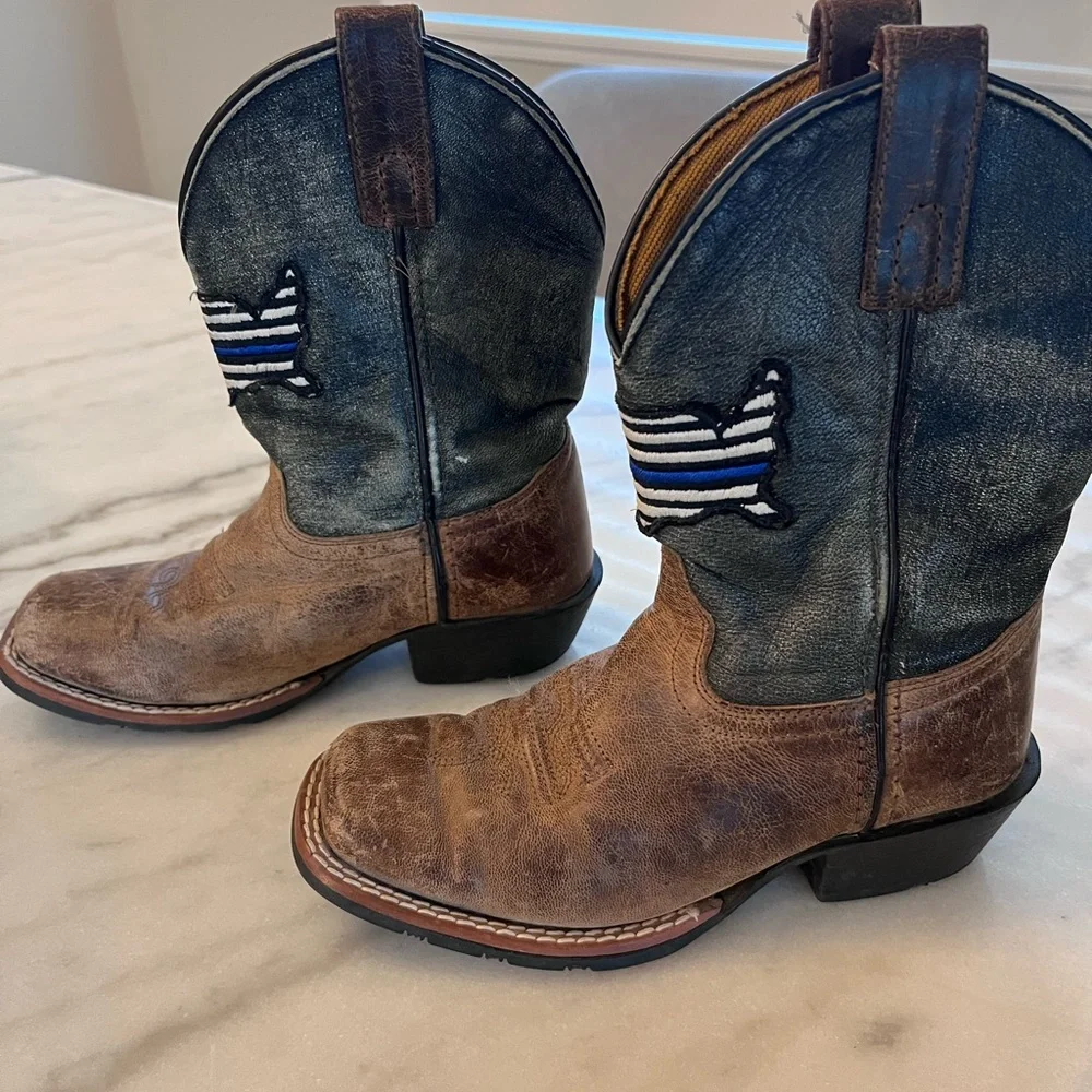 Youth Square Toe Thin Blue Line Flag Patch‎ Cowboy Rodeo Boots